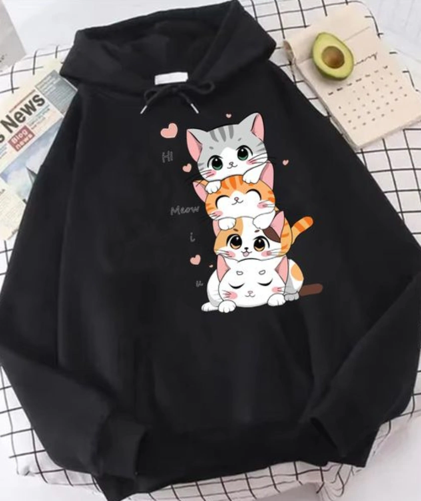 Hi Meow Girls Hoodie Black Color